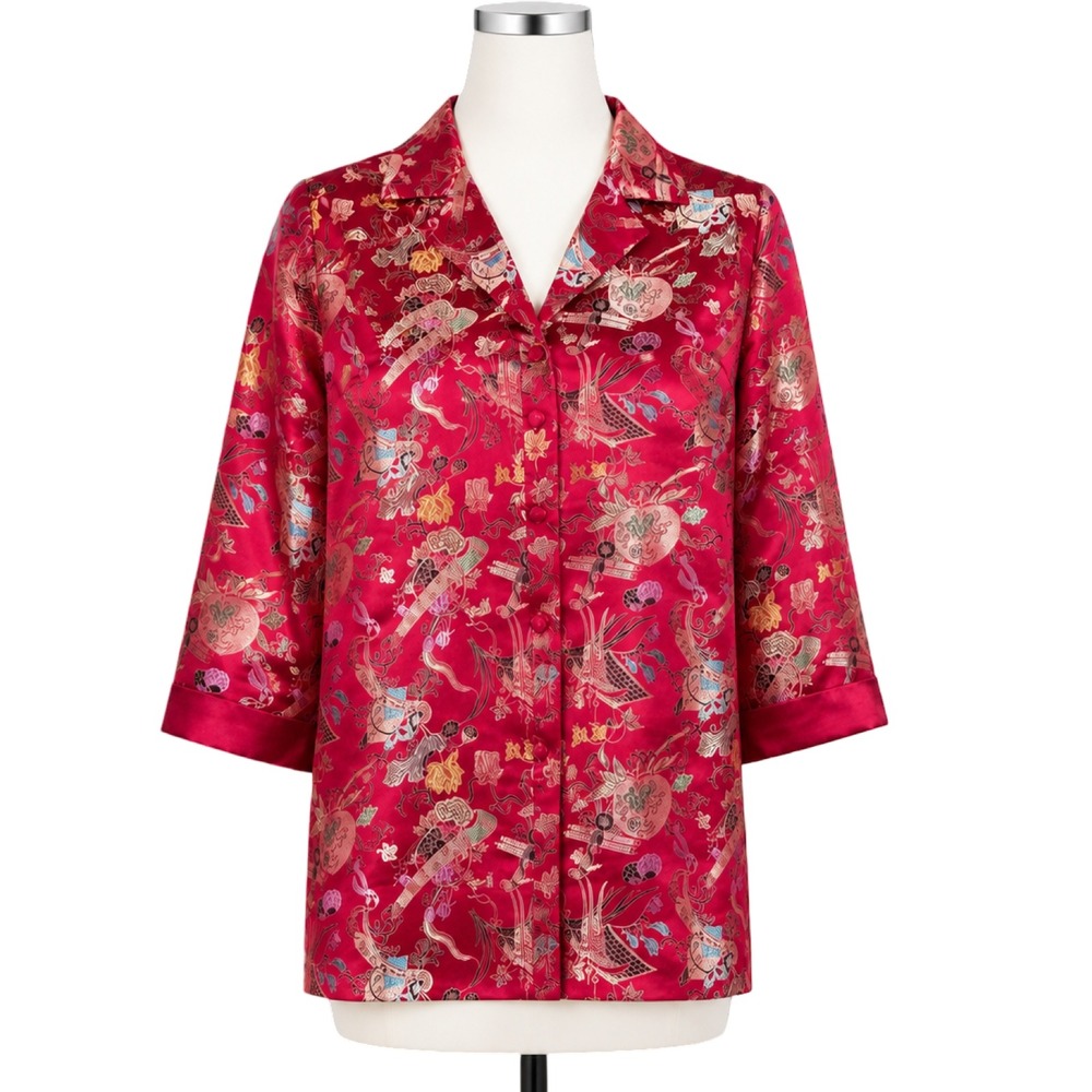Chicos Design Jacket Women L‎ Red Silk Blend Brocade Asian Chinoiserie Button Up